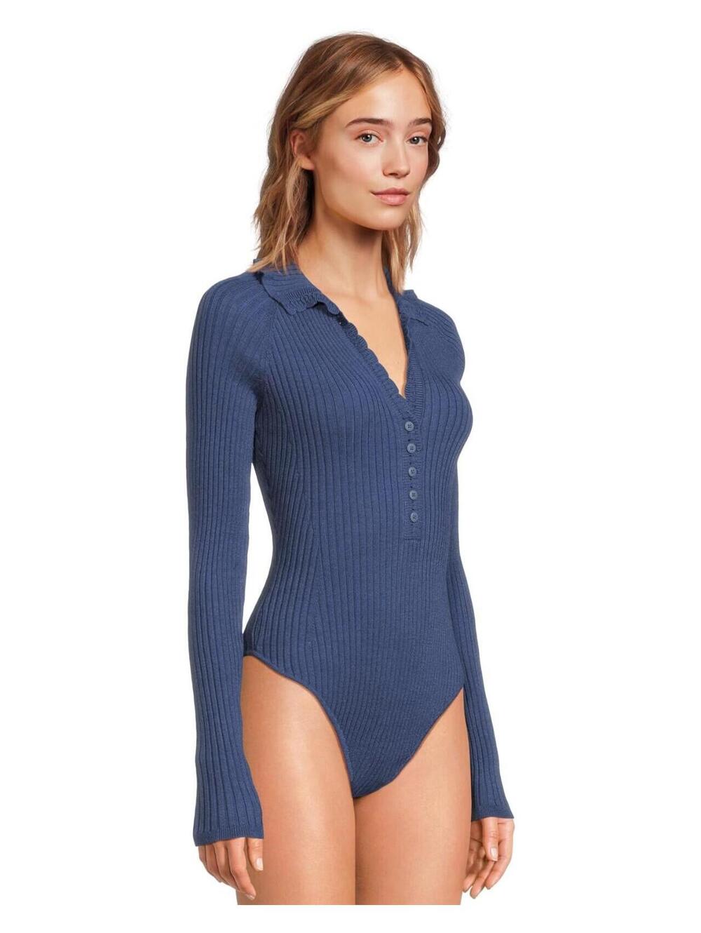 Free People Ready For It Ribbed Knit Scalloped Bodysuit Top Navy Blue Size Large